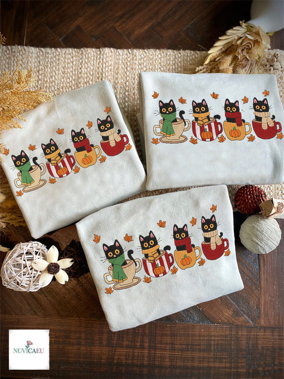 Embroidered Black Cat Mug Sweatshirt Cozy Autumn Gift for Pet Lovers
