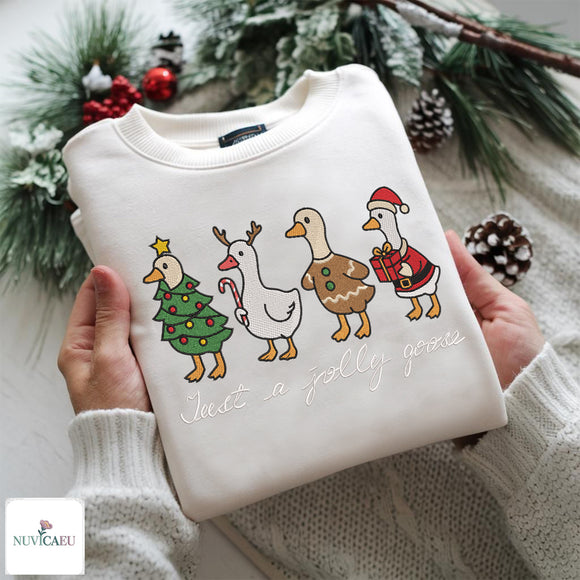 Embroidered Jolly Goose Christmas Sweatshirt Cozy Festive Apparel Gift