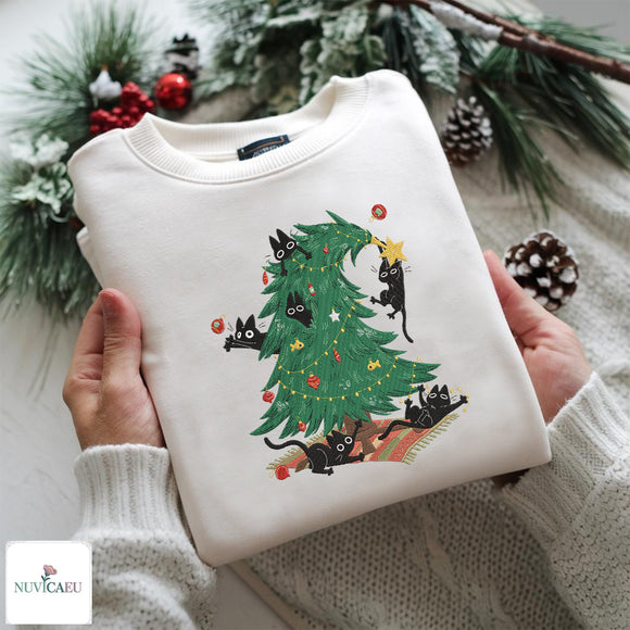 Black Cat Christmas Tree Embroidered Sweater Festive Gift for Cat Lovers
