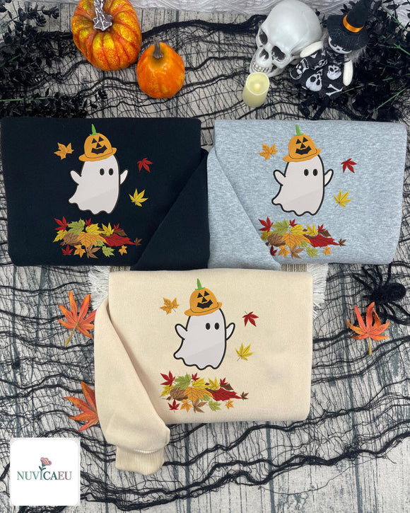 Cute Ghost Pumpkin Embroidered Sweatshirt Cozy Fall Halloween Gift