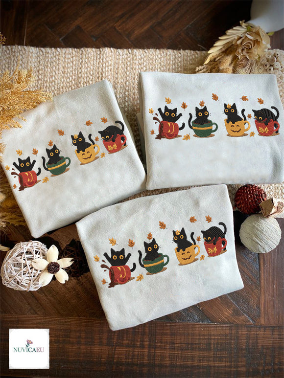 Embroidered Black Cats Pumpkin Mugs Cozy Fall Sweatshirt Gift For Her