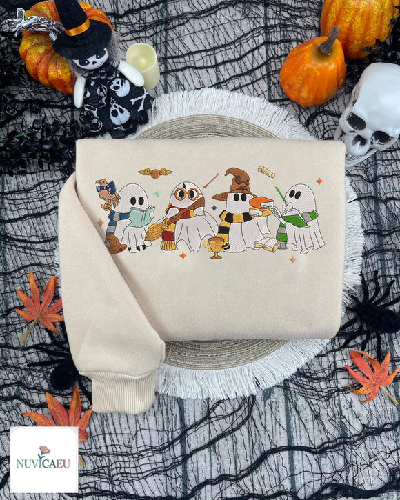 Cute Wizard Ghosts Embroidered Halloween Sweatshirt Potterhead Gift