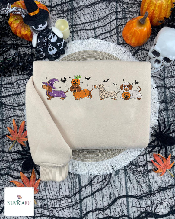 Embroidered Spooky Dachshund Halloween Sweatshirt Cozy Dog Lover Gift