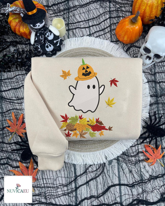 Cute Ghost Pumpkin Embroidered Sweatshirt Cozy Fall Halloween Gift
