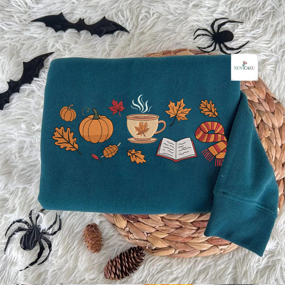 Cozy Autumn Embroidered Apparel for Book & Coffee Lovers