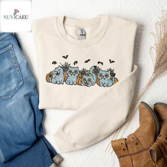 Spooky Cute Pumpkin Cat Embroidered Apparel for Lovers Halloween Cozy