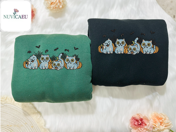 Spooky Cute Pumpkin Cat Embroidered Apparel for Lovers Halloween Cozy