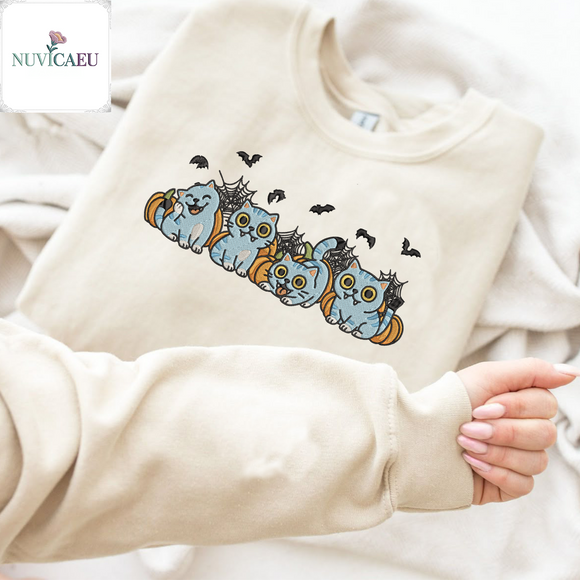 Spooky Cute Pumpkin Cat Embroidered Apparel for Lovers Halloween Cozy