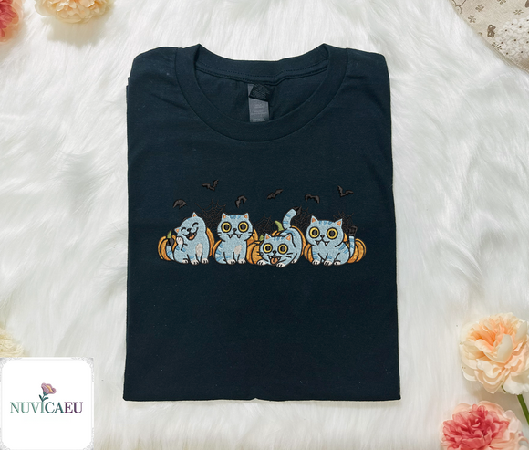 Spooky Cute Pumpkin Cat Embroidered Apparel for Lovers Halloween Cozy