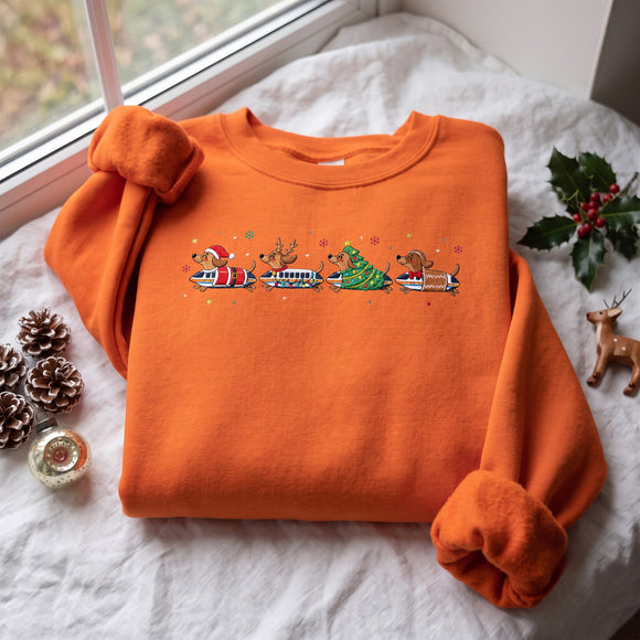 Embroidered Dachshund Xmas Train Shirt Warm Holiday Gift Dog Lovers