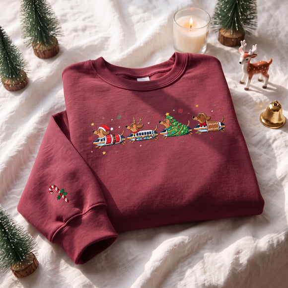 Embroidered Dachshund Christmas Train Sweatshirt Warm Gift Dog Lovers