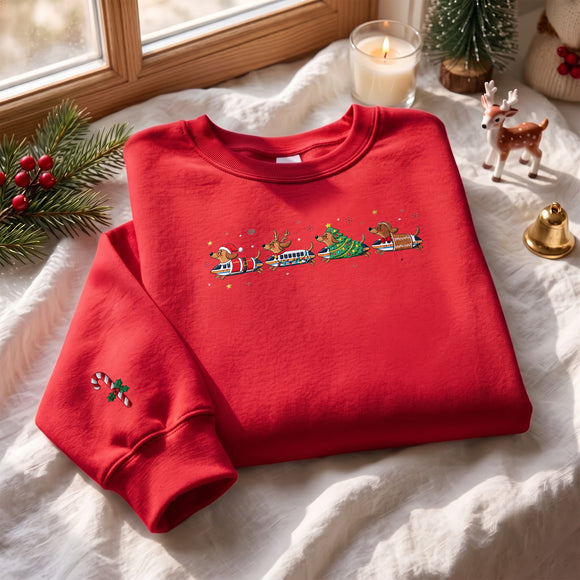 Embroidered Dachshund Xmas Train Shirt Warm Holiday Gift Dog Lovers