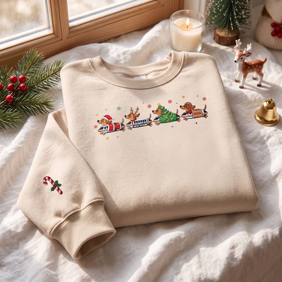 Embroidered Dachshund Christmas Train Sweatshirt Warm Gift Dog Lovers