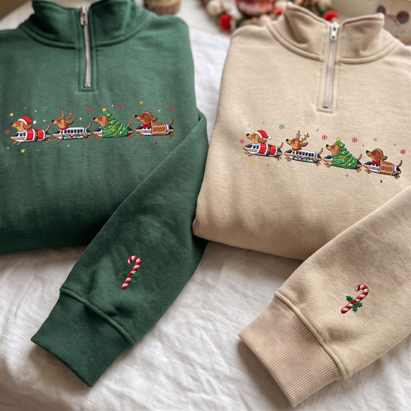 Embroidered Dachshund Christmas Train Sweatshirt Warm Gift Dog Lovers