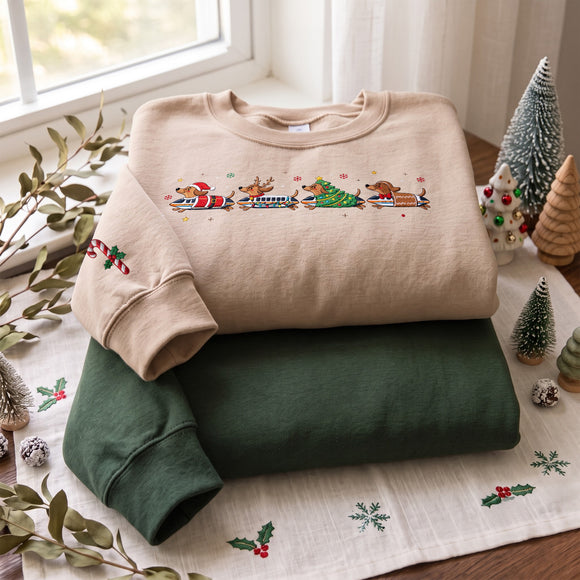 Embroidered Dachshund Christmas Train Sweatshirt Warm Gift Dog Lovers
