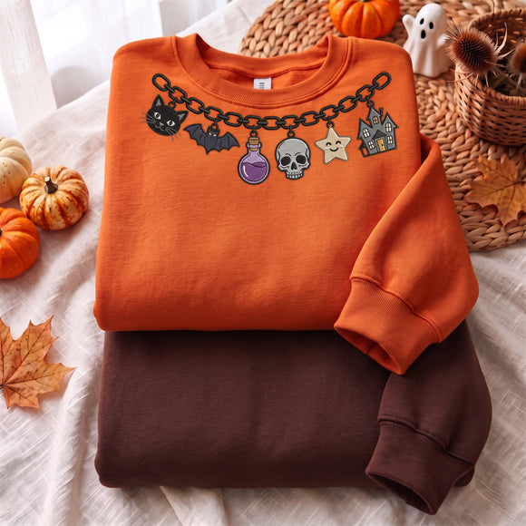 Embroidered Halloween Charm Sweatshirt Cozy Fall Gift For Spooky Women