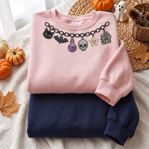 Embroidered Halloween Charm Sweatshirt Cozy Fall Gift For Spooky Women