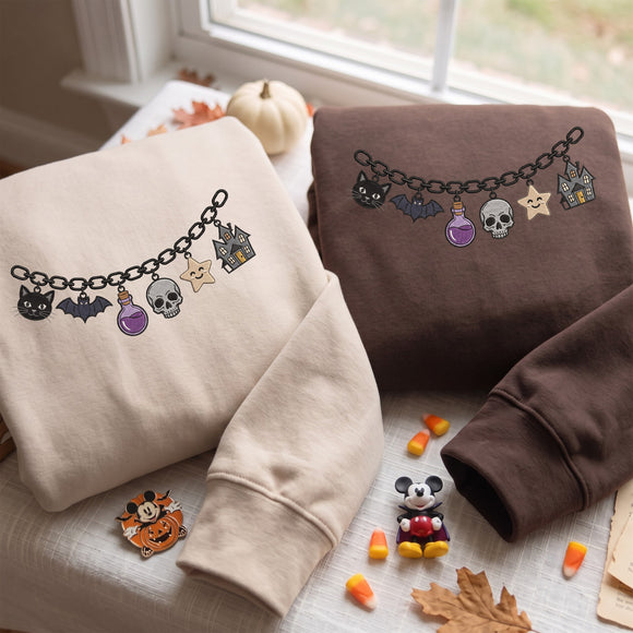 Embroidered Halloween Charm Sweatshirt Cozy Fall Gift For Spooky Women