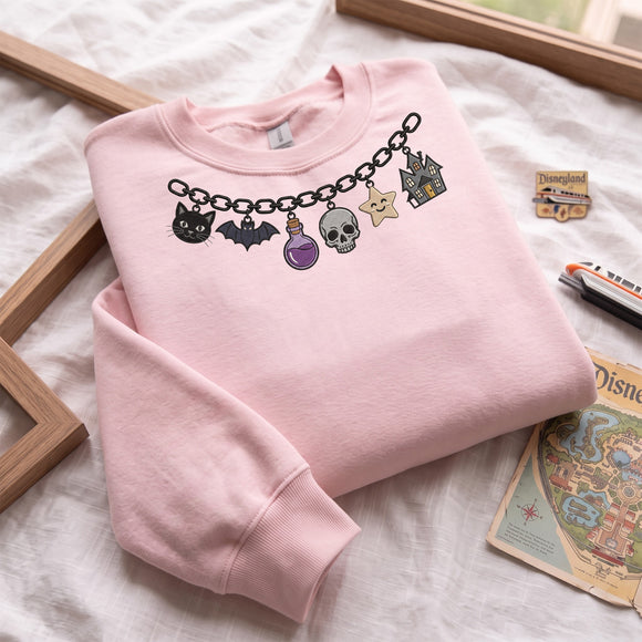 Embroidered Halloween Charm Sweatshirt Cozy Fall Gift For Spooky Women