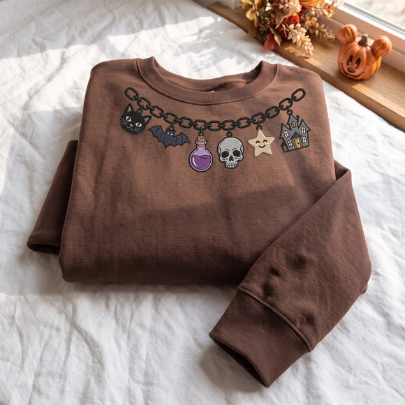 Embroidered Halloween Charm Sweatshirt Cozy Fall Gift For Spooky Women