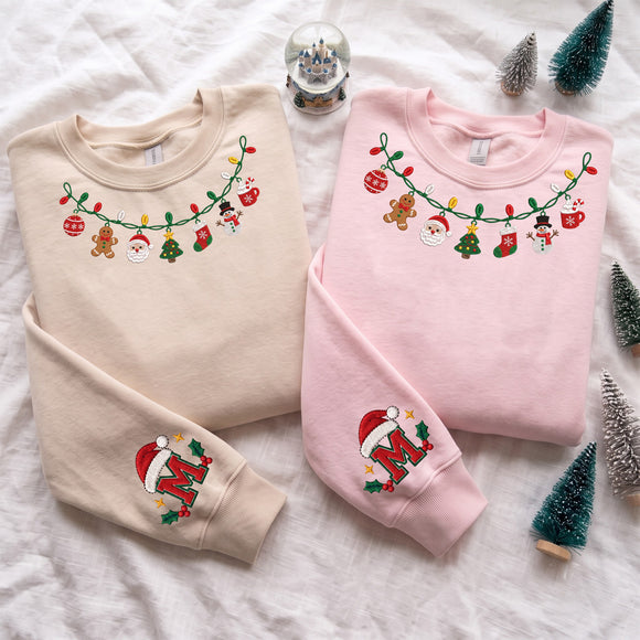 Custom Embroidered Christmas Lights Collar Sweatshirt Holiday Gift for Women