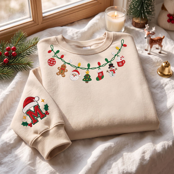 Custom Initial Christmas Lights Embroidered Sweatshirt Cozy Holiday Gift