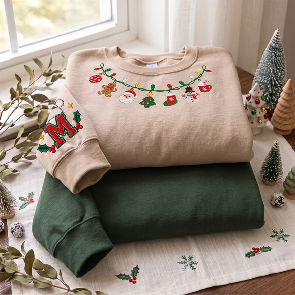 Custom Initial Christmas Lights Embroidered Sweatshirt Cozy Holiday Gift