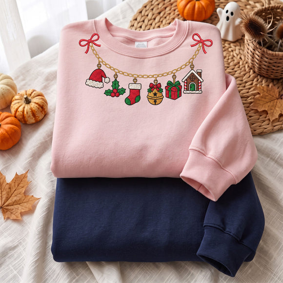 Christmas Charm Necklace Embroidered Sweatshirt Holiday Gift Women