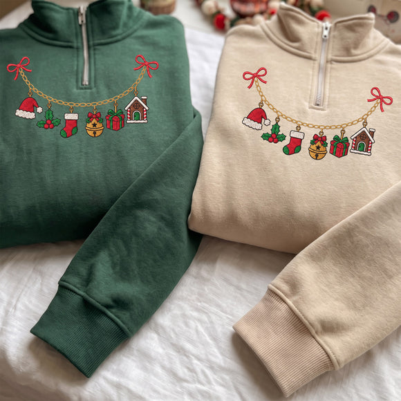 Christmas Charm Necklace Embroidered Sweatshirt Holiday Gift Women