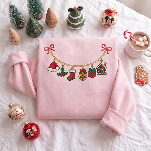 Christmas Charm Necklace Embroidered Sweatshirt Holiday Gift Women