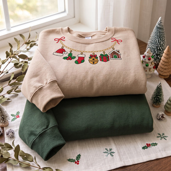 Unisex Christmas Charm Necklace Embroidered Sweatshirt | Festive Gift
