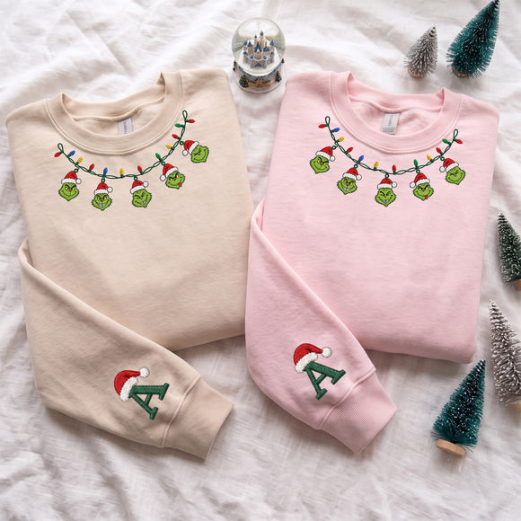 Custom Grinch Christmas Lights Embroidered Sweatshirt Cozy Holiday Gift