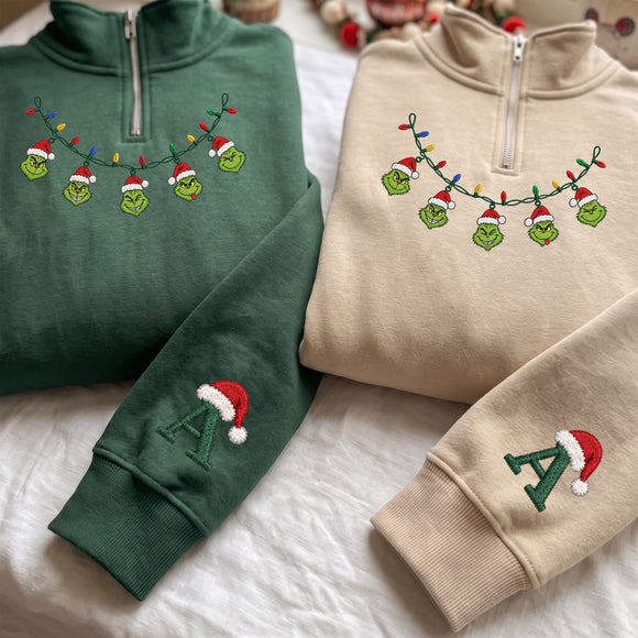 Custom Grinch Christmas Lights Embroidered Sweatshirt Cozy Holiday Gift