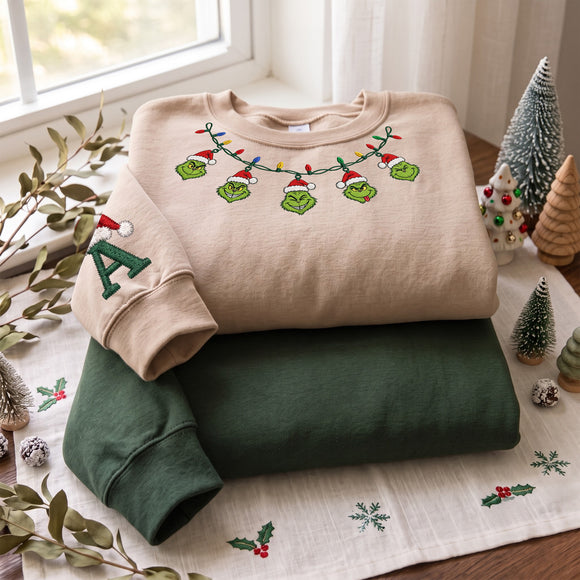 Custom Grinch Christmas Lights Embroidered Sweatshirt Cozy Holiday Gift