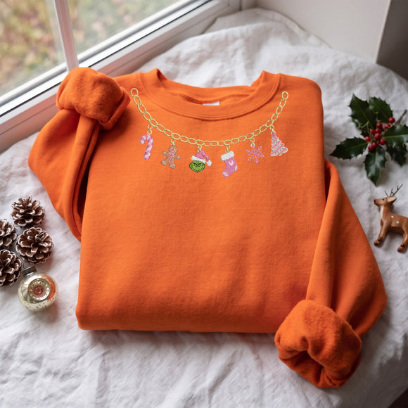 Embroidered Pink Christmas Charm Necklace Sweatshirt Gift for Women