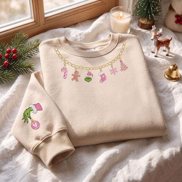 Embroidered Pink Christmas Charm Necklace Sweatshirt Gift for Women