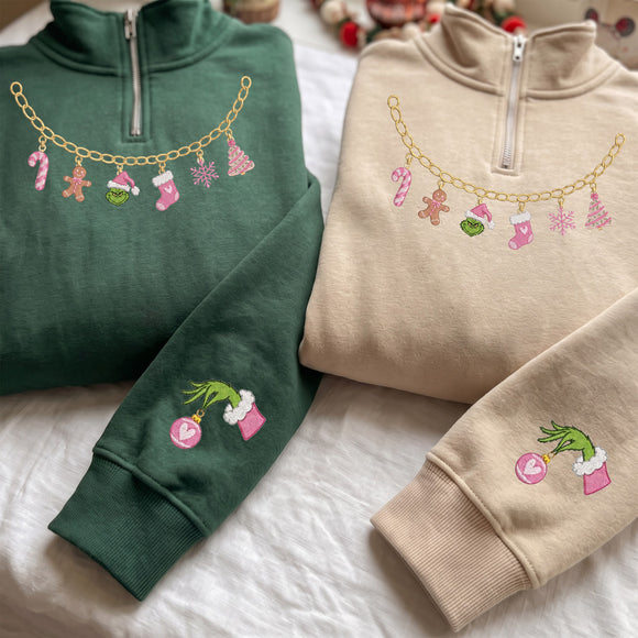 Embroidered Pink Christmas Charm Necklace Sweatshirt Gift for Women