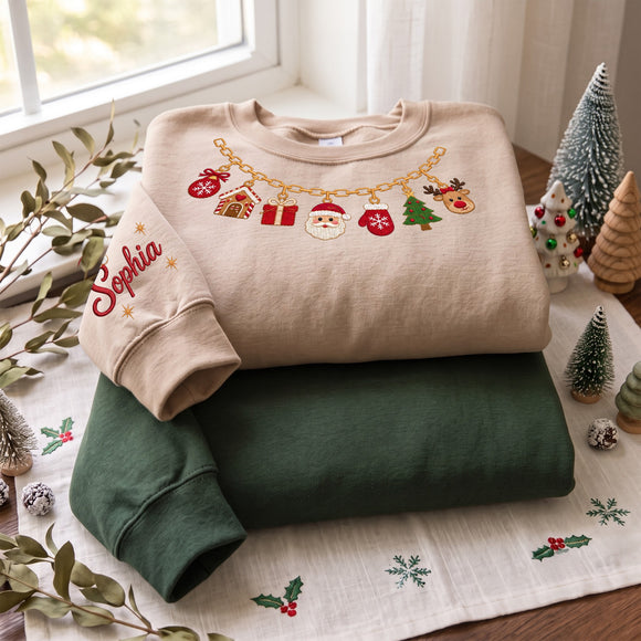Custom Christmas Charm Necklace Embroidered Sweatshirt Gift for Women