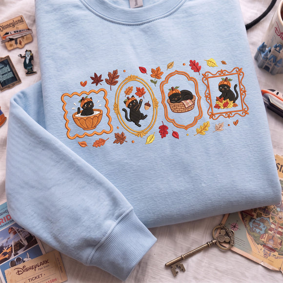 Embroidered Fall Black Cat Sweatshirt Cozy Gift for Pet Lovers