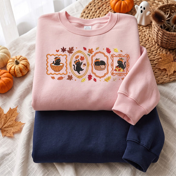 Embroidered Fall Black Cat Sweatshirt Cozy Gift for Pet Lovers