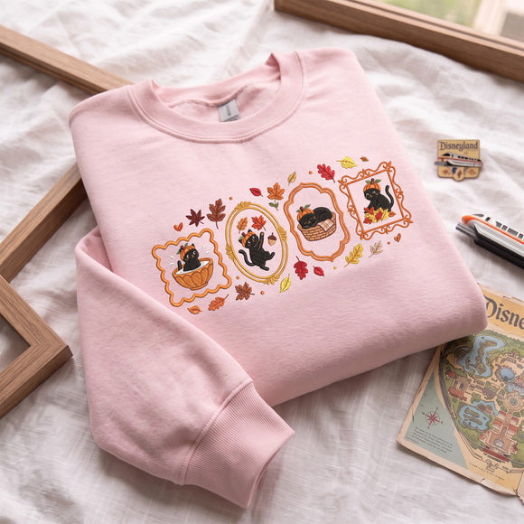 Embroidered Fall Black Cat Sweatshirt Cozy Gift for Pet Lovers