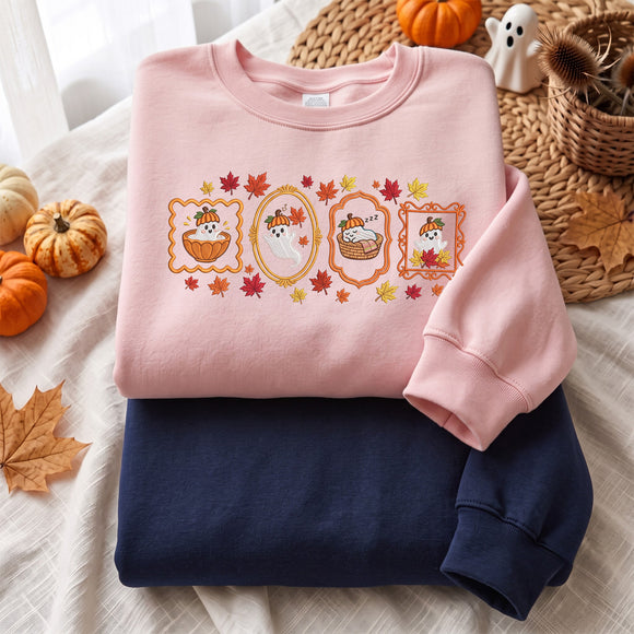 Cute Ghost Autumn Frame Embroidered Sweatshirt Cozy Fall Wear Women