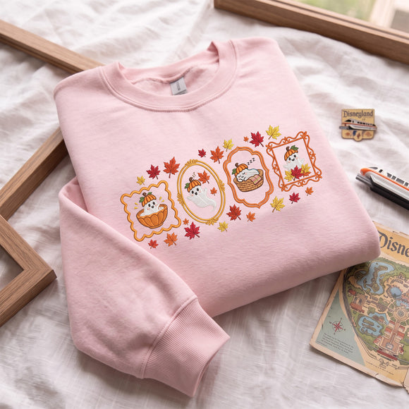 Cute Ghost Autumn Frame Embroidered Sweatshirt Cozy Fall Wear Women