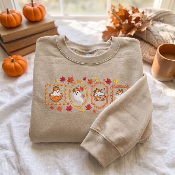 Cute Ghost Autumn Frame Embroidered Sweatshirt Cozy Fall Wear Women