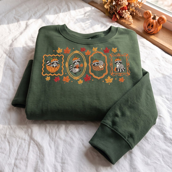 Cute Raccoon Pumpkin Embroidered Sweatshirt Cozy Autumn Gift Women