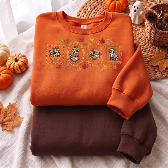 Cute Raccoon Pumpkin Embroidered Sweatshirt Cozy Autumn Gift Women