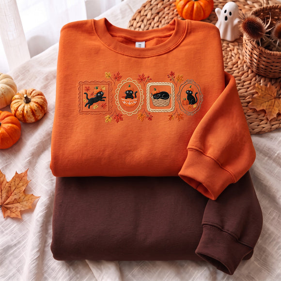 Embroidered Black Cat Pumpkin Frame Warm Fall Cozy Halloween Sweatshirt