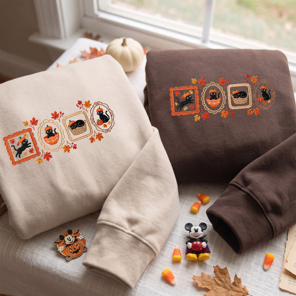 Embroidered Black Cat Pumpkin Frame Warm Fall Cozy Halloween Sweatshirt