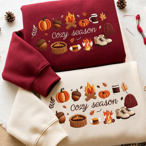 Cozy Season Embroidered Sweatshirt Warm Fall Gift for Autumn Lovers