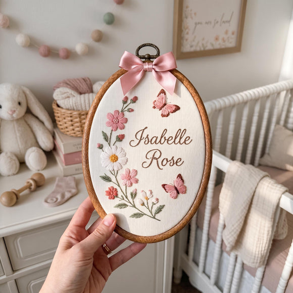 A hand holds an oval embroidered wooden hoop featuring the name 'Isabelle Rose' in brown script, surrounded by pink and white flowers, green stems, butterflies, and a pink bow at the top. The background shows a softly blurred nursery with a crib, bunny toy, and pastel decor.